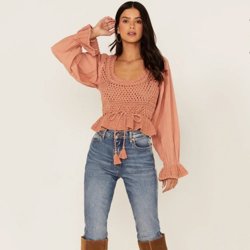 Free People Women's Megan Crochet Knit Peplum Puff Sleeve Top | NEW!!!⭐️⭐️‎